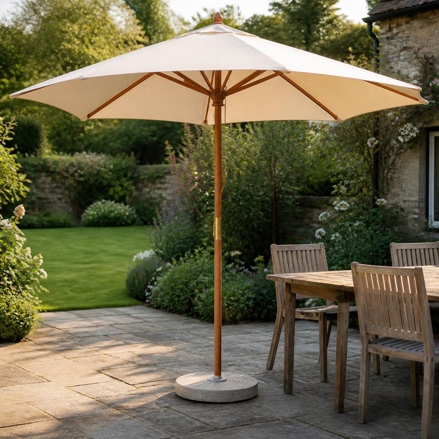 Corsham 3m garden parasol in natural oatmeal, open on a stone patio
