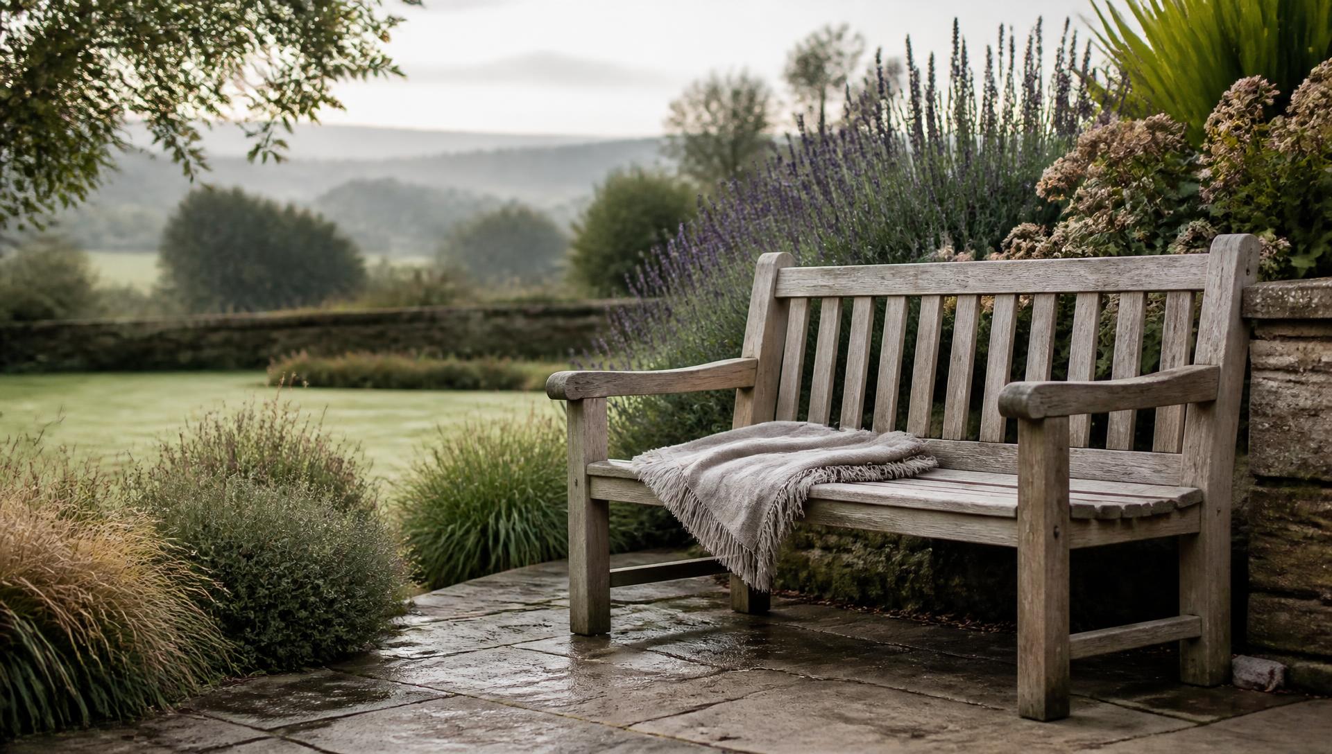 A silvered teak three-seater bench beneath a climbing rose in an English country garden