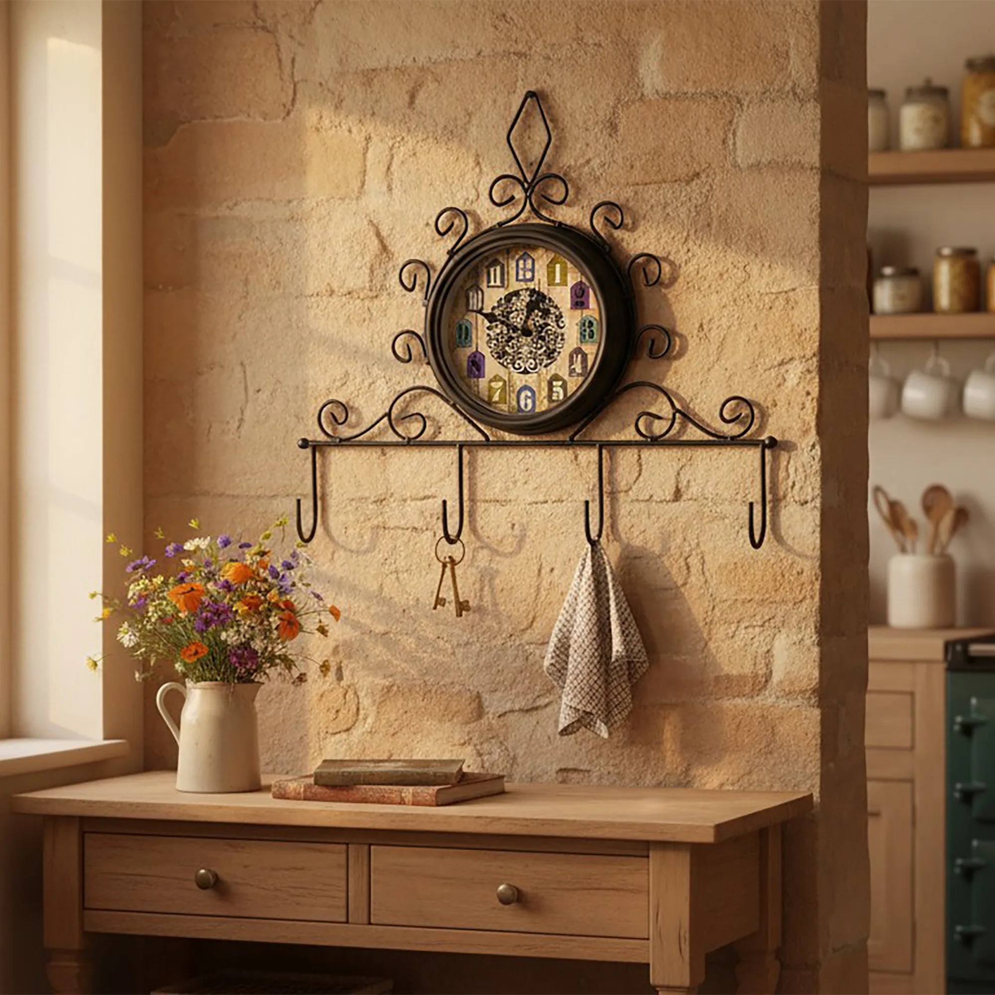 Garden Clock With Coat Hooks