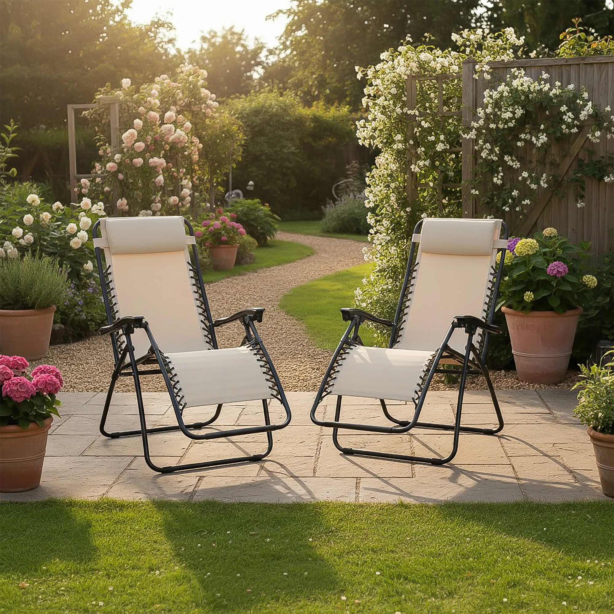 Padded Garden Recliner Chair Beige (Set of 2)