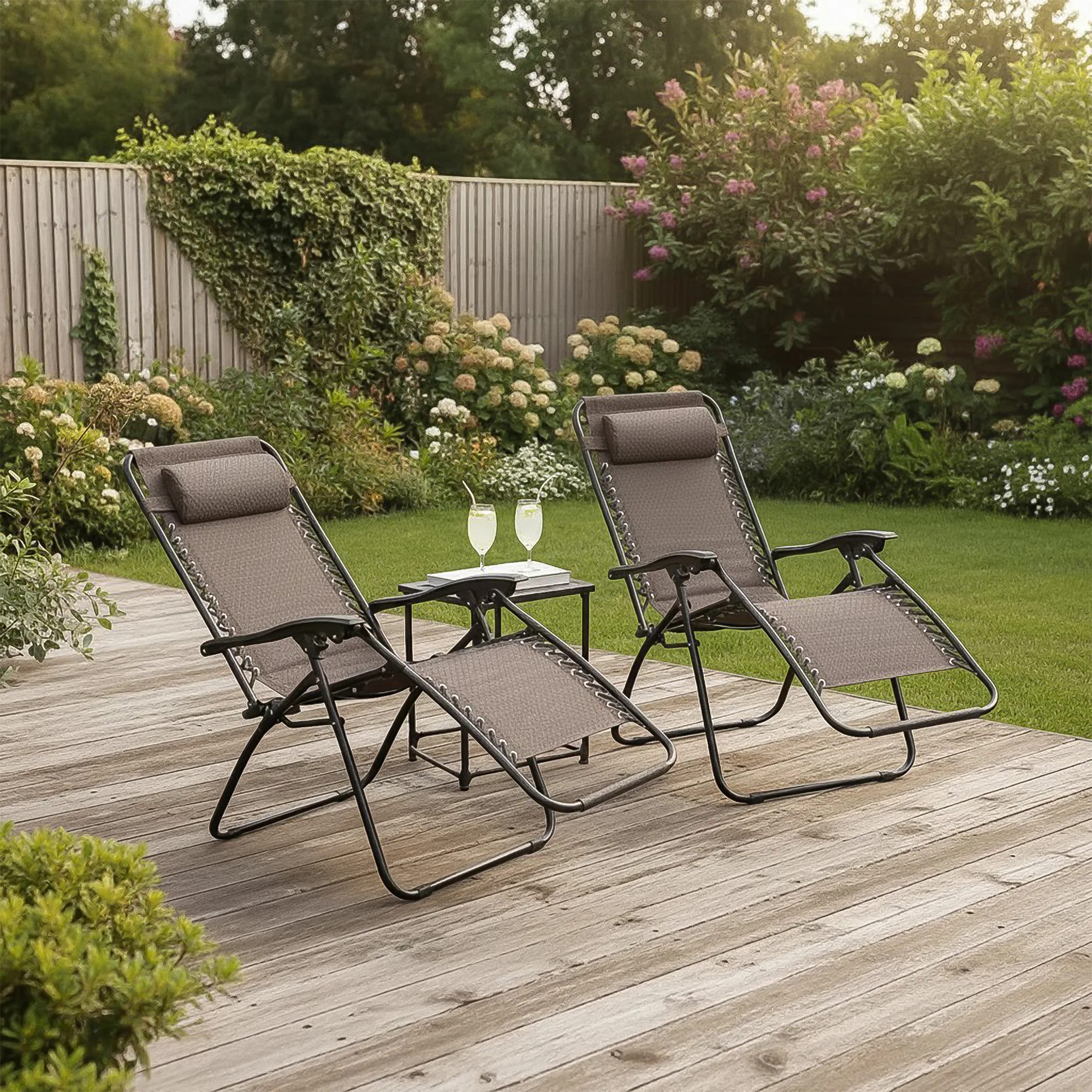 Padded Garden Recliner Chair Brown (Set of 2)
