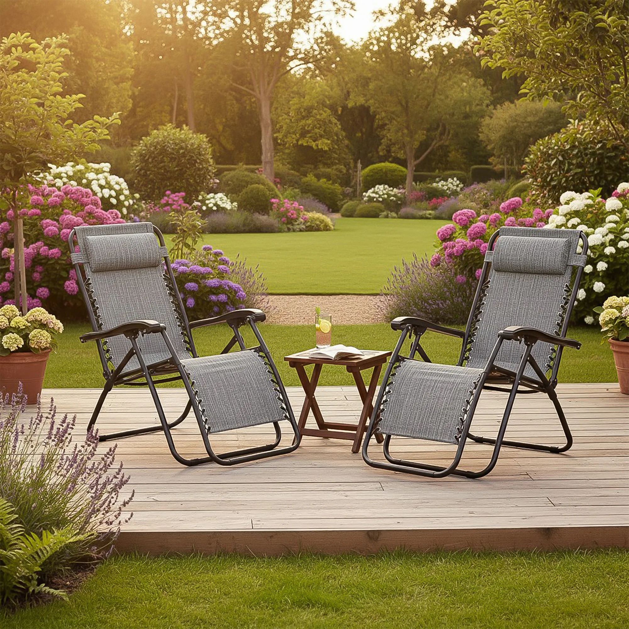 Padded Garden Recliner Chair Grey (Set of 2)