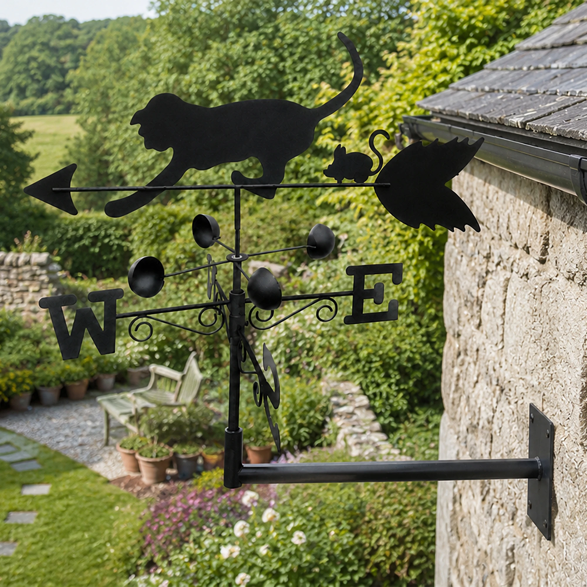 Steel Cat and Mouse Weather Vane with Ground Spike and Wall